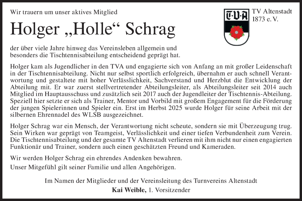  Traueranzeige für Holger Schrag vom 24.01.2026 aus Geislinger Zeitung