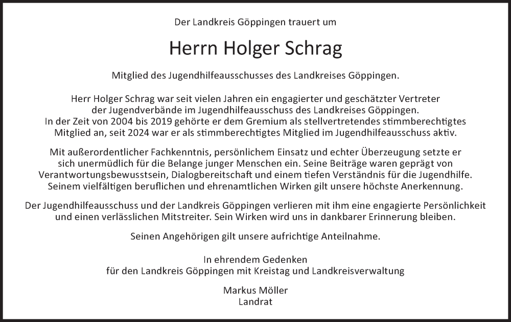  Traueranzeige für Holger Schrag vom 24.01.2026 aus NWZ Neue Württembergische Zeitung/Geislinger Zeitung