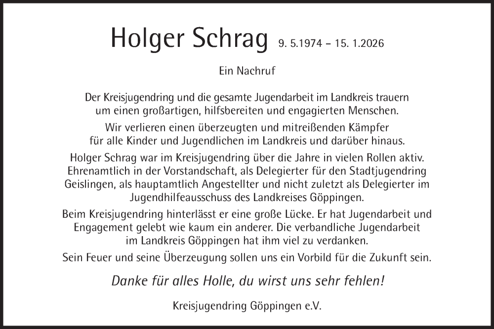  Traueranzeige für Holger Schrag vom 24.01.2026 aus Geislinger Zeitung