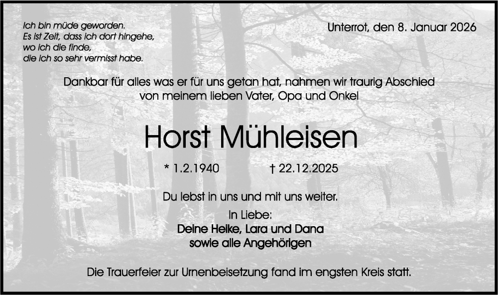  Traueranzeige für Horst Mühleisen vom 10.01.2026 aus Rundschau Gaildorf