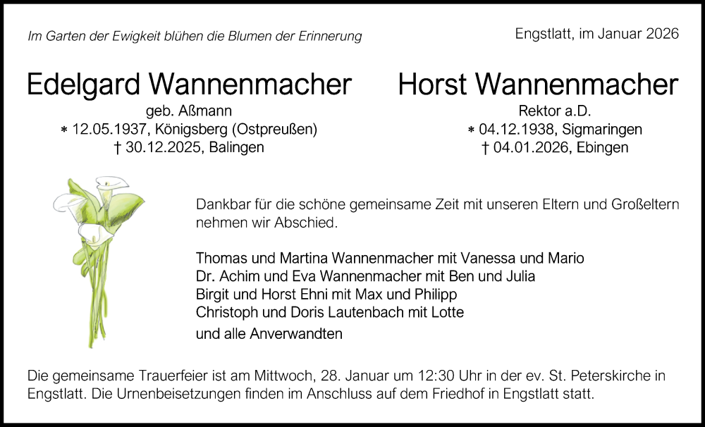  Traueranzeige für Horst Wannenmacher vom 24.01.2026 aus SÜDWEST PRESSE Zollernalbkreis/Hohenzollerische Zeitung