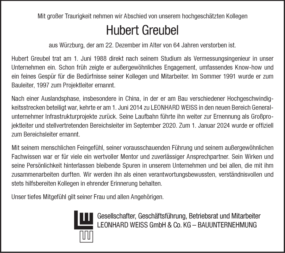  Traueranzeige für Hubert Greubel vom 13.01.2026 aus Hohenloher Tagblatt