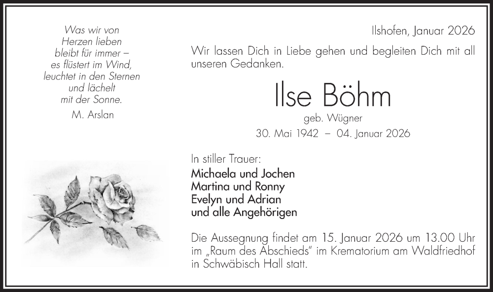  Traueranzeige für Ilse Böhm vom 12.01.2026 aus Haller Tagblatt/Hohenloher Tagblatt/Haller Tagblatt/Hohenloher Tagblatt