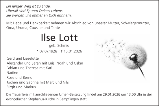 Traueranzeige von Ilse Lott von Alb-Bote/Metzinger-Uracher Volksblatt