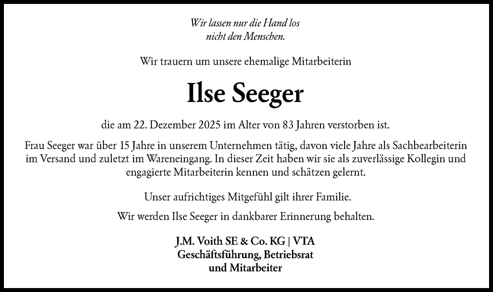  Traueranzeige für Ilse Seeger vom 09.01.2026 aus Hohenloher Tagblatt