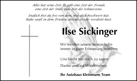 Traueranzeige von Ilse Sickinger von SÜDWEST PRESSE Zollernalbkreis/Hohenzollerische Zeitung