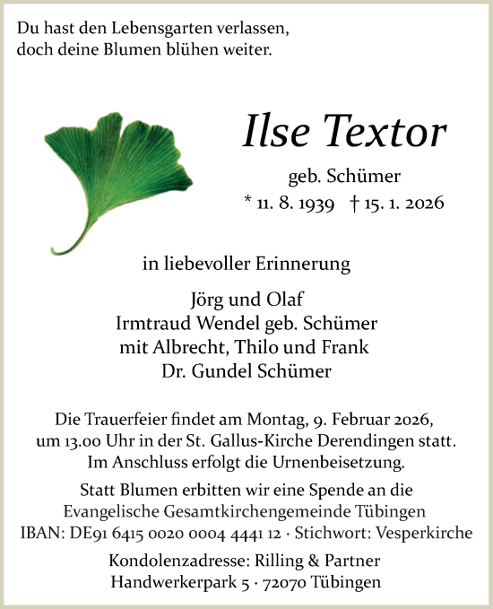 Traueranzeige von Ilse Textor von Schwäbische Tagblatt