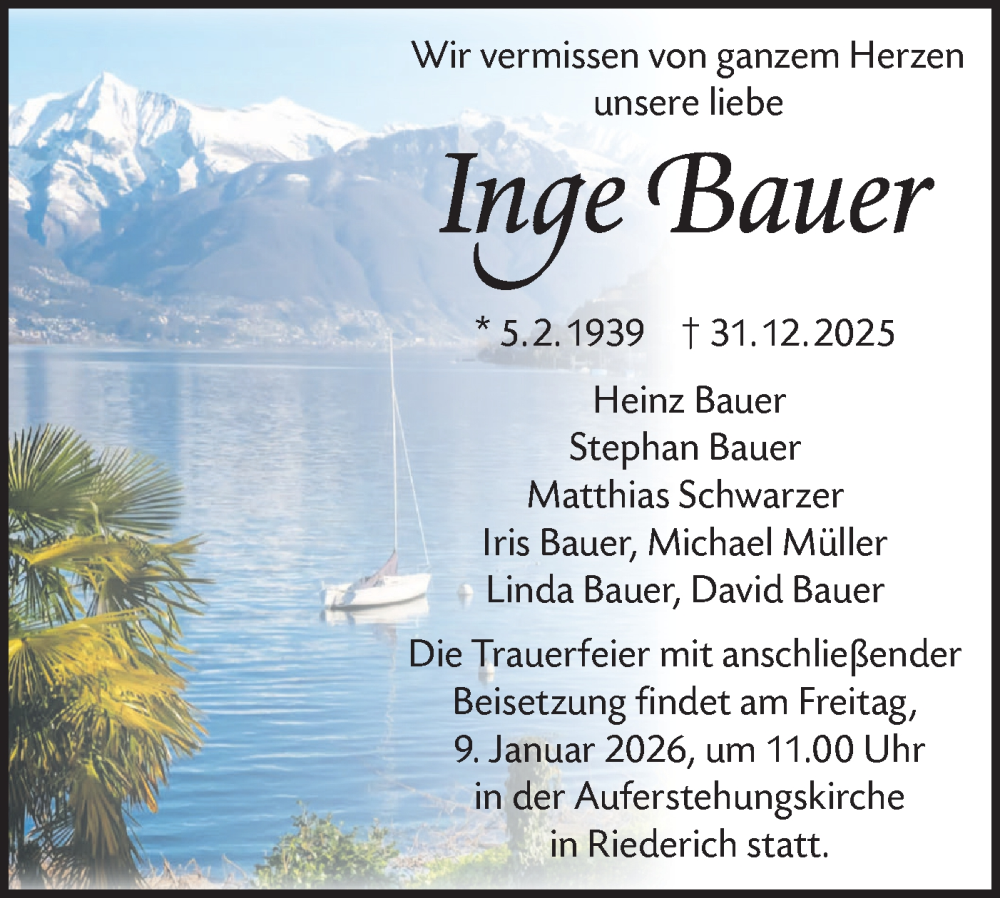  Traueranzeige für Inge Bauer vom 07.01.2026 aus Alb-Bote/Metzinger-Uracher Volksblatt