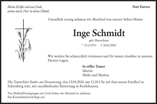 Traueranzeige von Inge Schmidt von Hohenloher Tagblatt