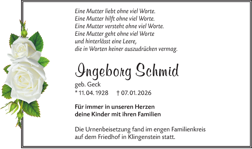  Traueranzeige für Ingeborg Schmid vom 24.01.2026 aus SÜDWEST PRESSE Ausgabe Ulm/Neu-Ulm