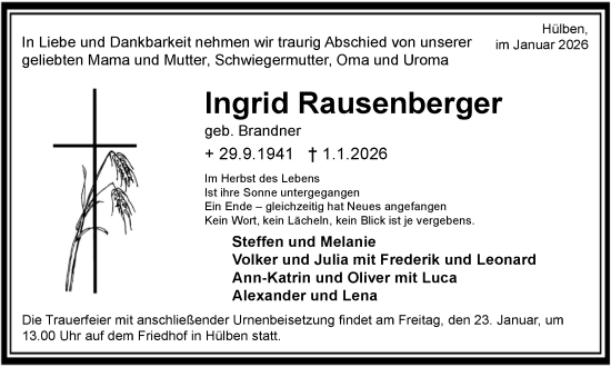 Traueranzeige von Ingrid Rausenberger von Alb-Bote/Metzinger-Uracher Volksblatt