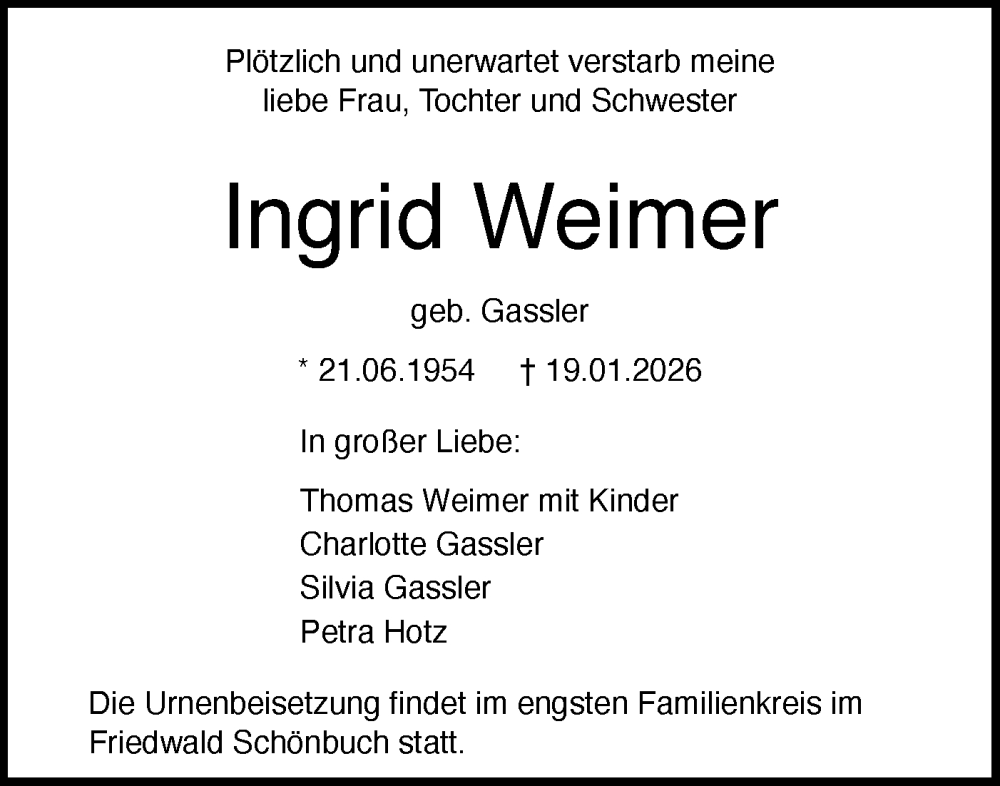  Traueranzeige für Ingrid Weimer vom 24.01.2026 aus Schwäbische Tagblatt