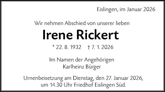 Traueranzeige von Irene Rickert von NWZ Neue Württembergische Zeitung