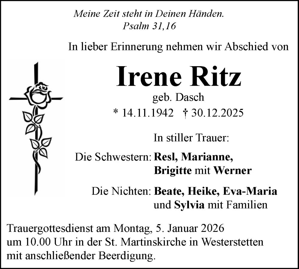  Traueranzeige für Irene Ritz vom 03.01.2026 aus SÜDWEST PRESSE Ausgabe Ulm/Neu-Ulm