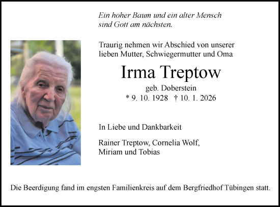 Traueranzeige von Irma Treptow von Schwäbische Tagblatt