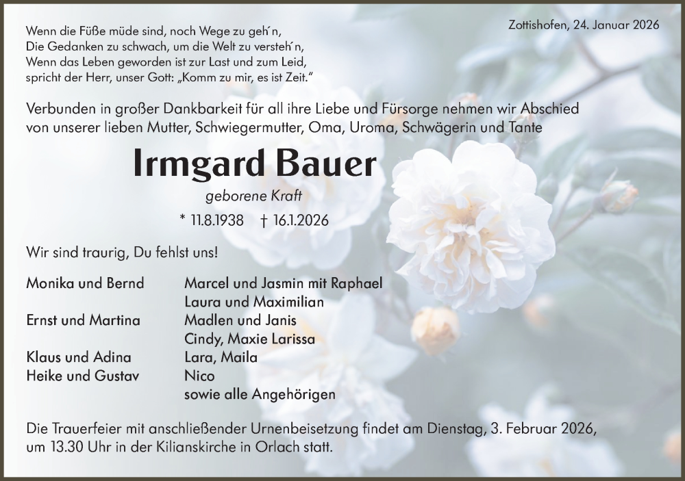 Traueranzeige für Irmgard Bauer vom 24.01.2026 aus Haller Tagblatt