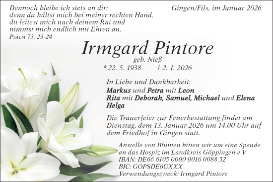 Traueranzeige von Irmgard Pintore von Geislinger Zeitung