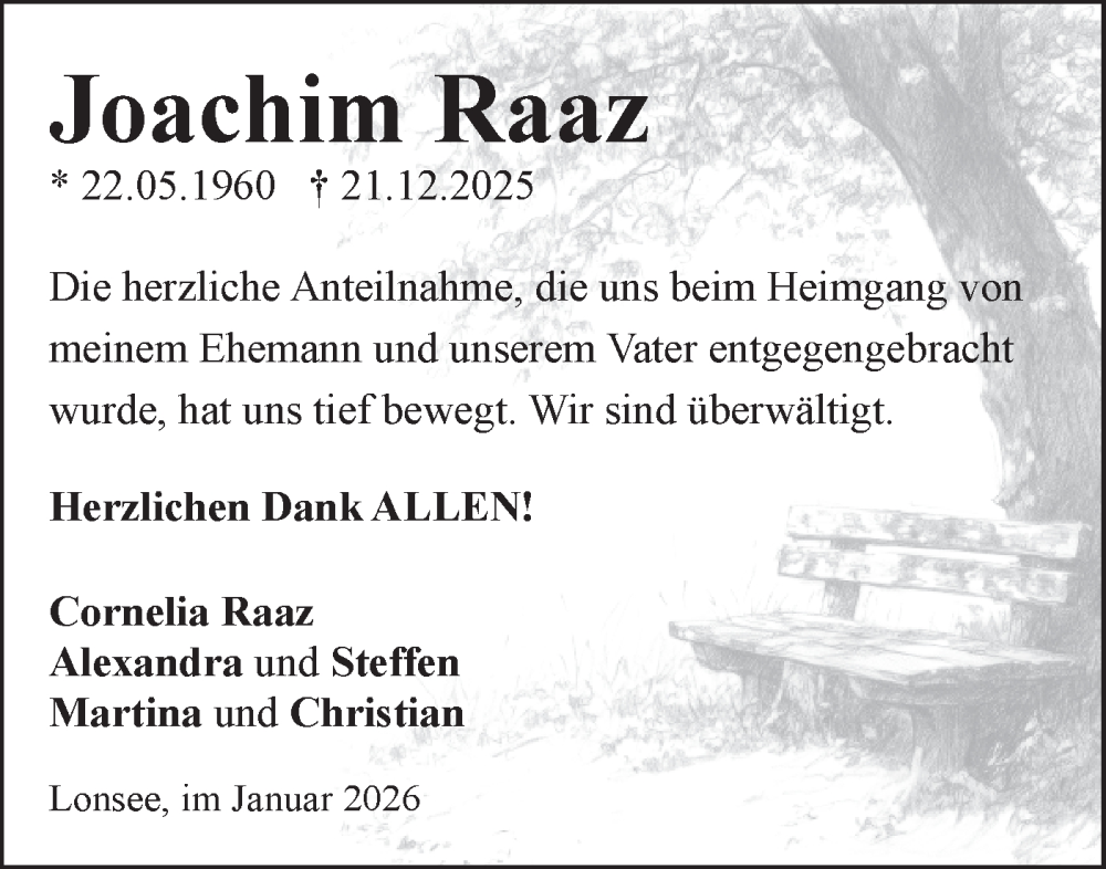  Traueranzeige für Joachim Raaz vom 10.01.2026 aus SÜDWEST PRESSE Ausgabe Ulm/Neu-Ulm