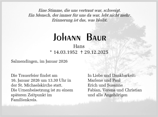 Traueranzeige von Johann Baur von SÜDWEST PRESSE Zollernalbkreis/Hohenzollerische Zeitung