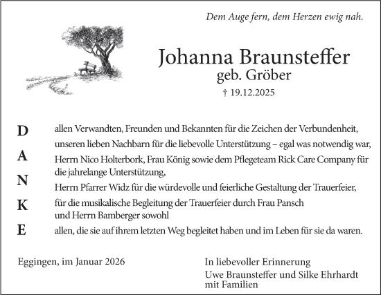 Traueranzeige von Johanna Braunsteffer von SÜDWEST PRESSE Ausgabe Ulm/Neu-Ulm