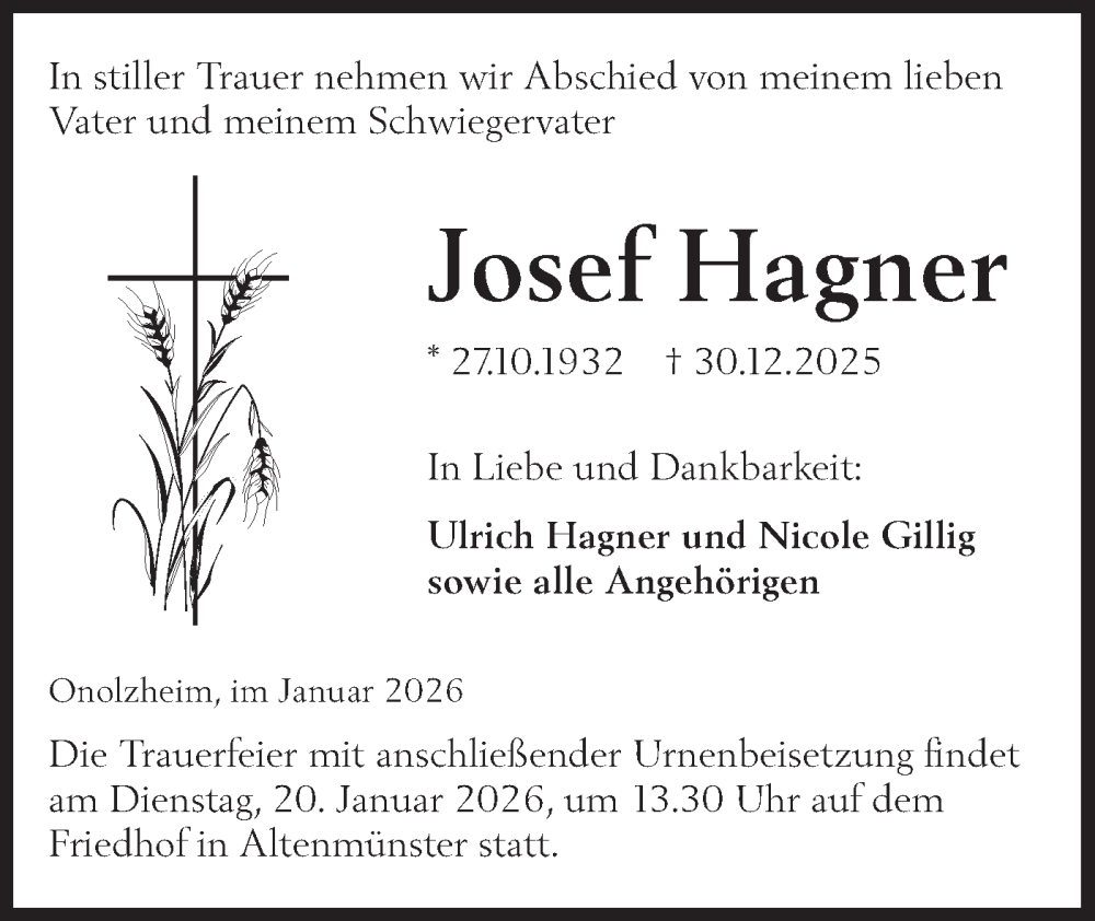 Traueranzeige für Josef Hagner vom 17.01.2026 aus Hohenloher Tagblatt
