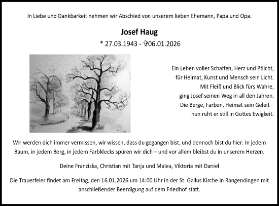 Traueranzeige von Josef Haug von SÜDWEST PRESSE Zollernalbkreis/Hohenzollerische Zeitung
