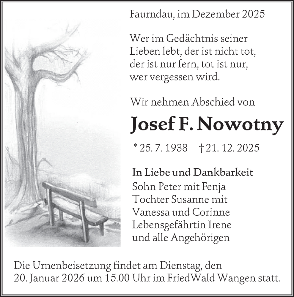  Traueranzeige für Josef Nowotny vom 17.01.2026 aus NWZ Neue Württembergische Zeitung