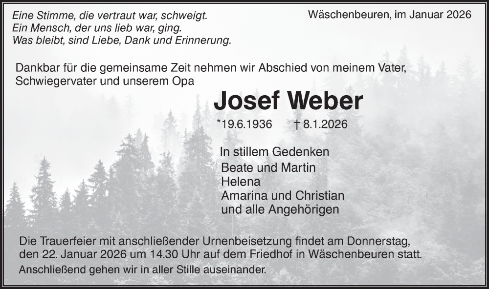  Traueranzeige für Josef Weber vom 17.01.2026 aus NWZ Neue Württembergische Zeitung