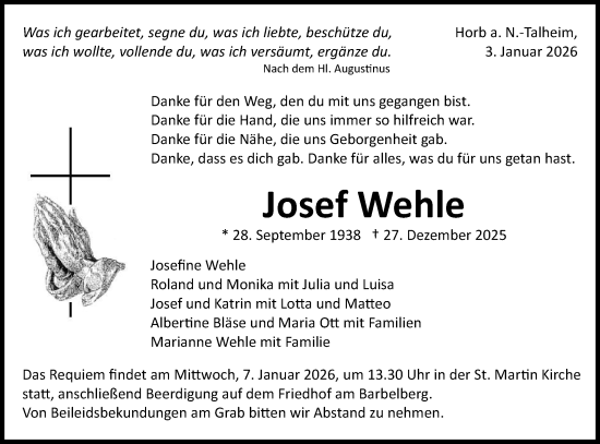 Traueranzeige von Josef Wehle von Neckar-Chronik