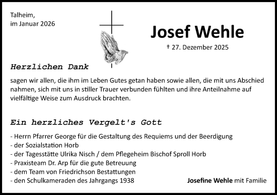 Traueranzeige von Josef Wehle von Neckar-Chronik
