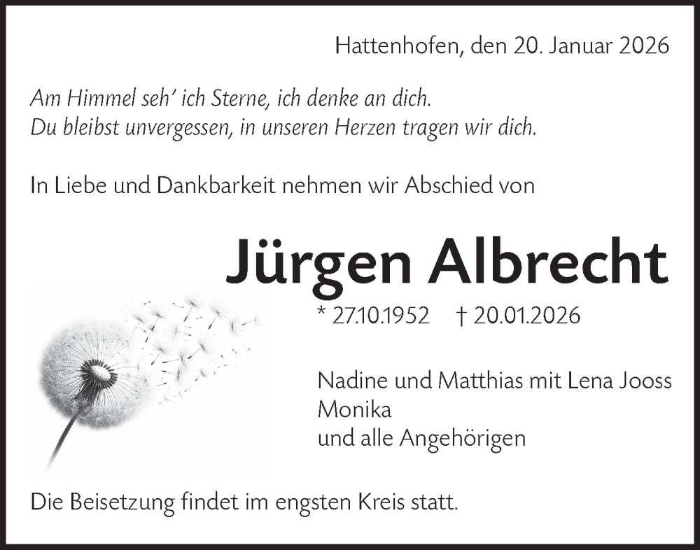  Traueranzeige für Jürgen Albrecht vom 24.01.2026 aus NWZ Neue Württembergische Zeitung