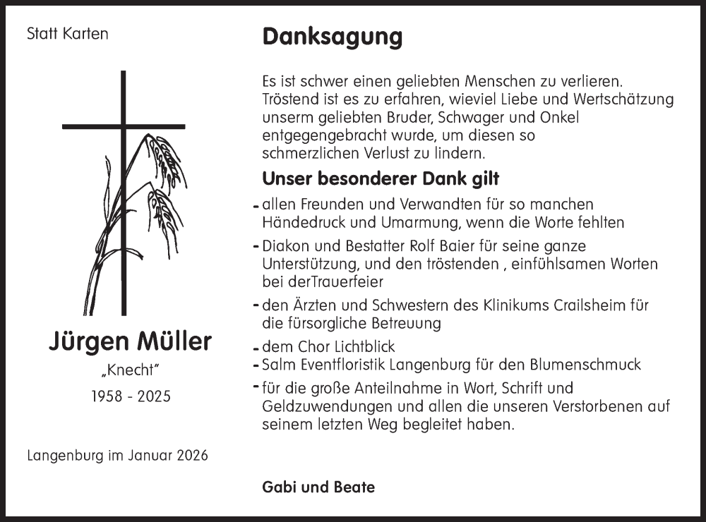  Traueranzeige für Jürgen Müller vom 16.01.2026 aus Hohenloher Tagblatt