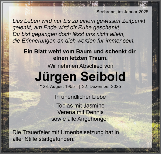 Traueranzeige von Jürgen Seibold von Schwäbische Tagblatt