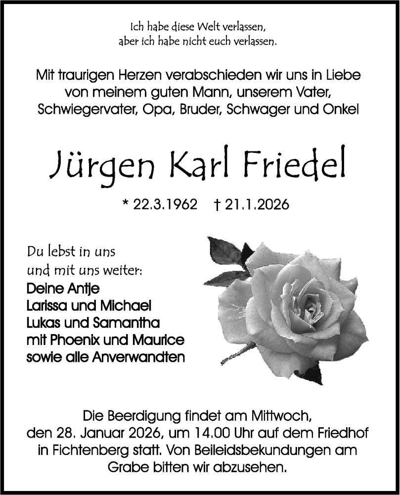  Traueranzeige für Jürgen Karl Friedel vom 24.01.2026 aus Rundschau Gaildorf/Haller Tagblatt