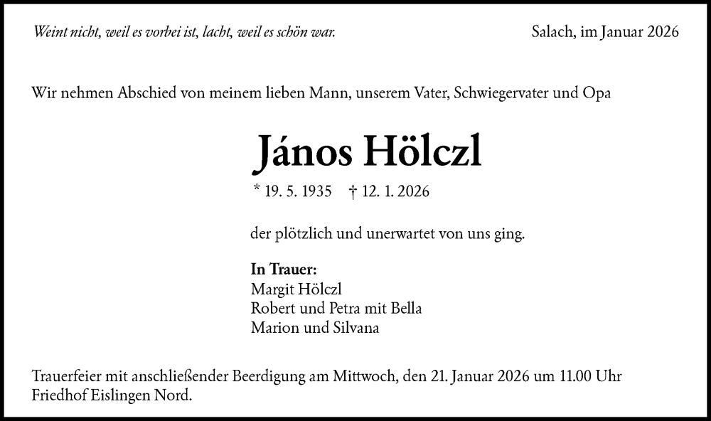  Traueranzeige für János Hölczl vom 17.01.2026 aus NWZ Neue Württembergische Zeitung
