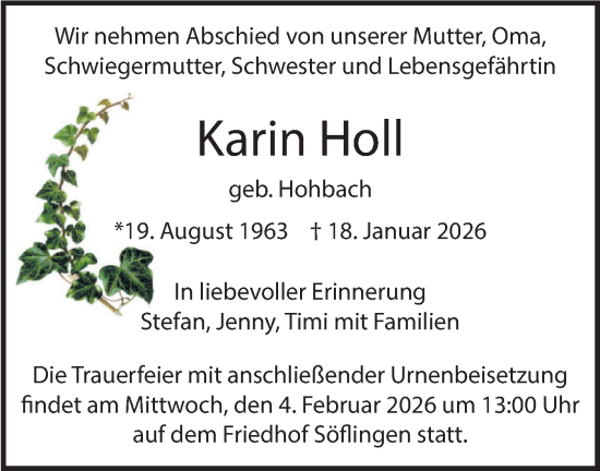 Traueranzeige von Karin Holl von SÜDWEST PRESSE Ausgabe Ulm/Neu-Ulm