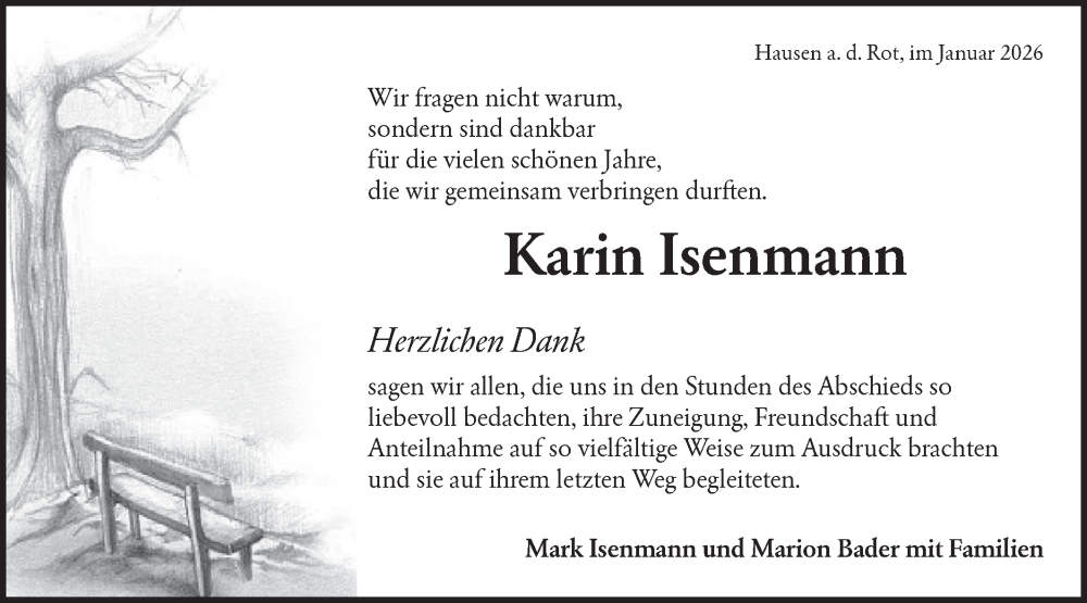  Traueranzeige für Karin Isenmann vom 10.01.2026 aus Rundschau Gaildorf