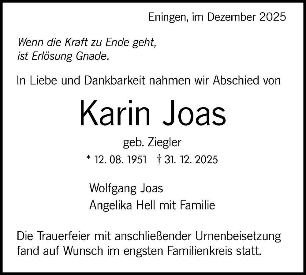  Traueranzeige für Karin Joas vom 15.01.2026 aus Alb-Bote/Metzinger-Uracher Volksblatt