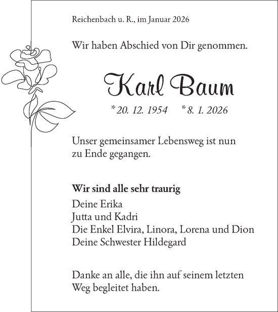 Traueranzeige von Karl Baum von NWZ Neue Württembergische Zeitung
