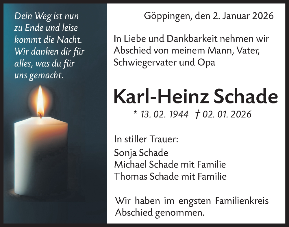  Traueranzeige für Karl-Heinz Schade vom 10.01.2026 aus NWZ Neue Württembergische Zeitung
