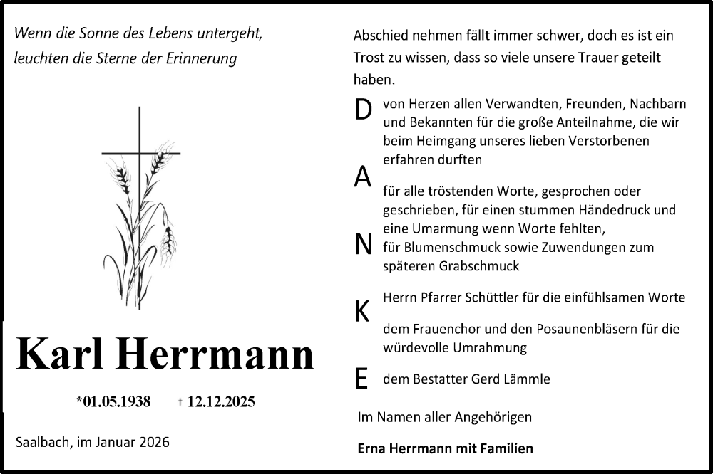  Traueranzeige für Karl Herrmann vom 09.01.2026 aus Hohenloher Tagblatt