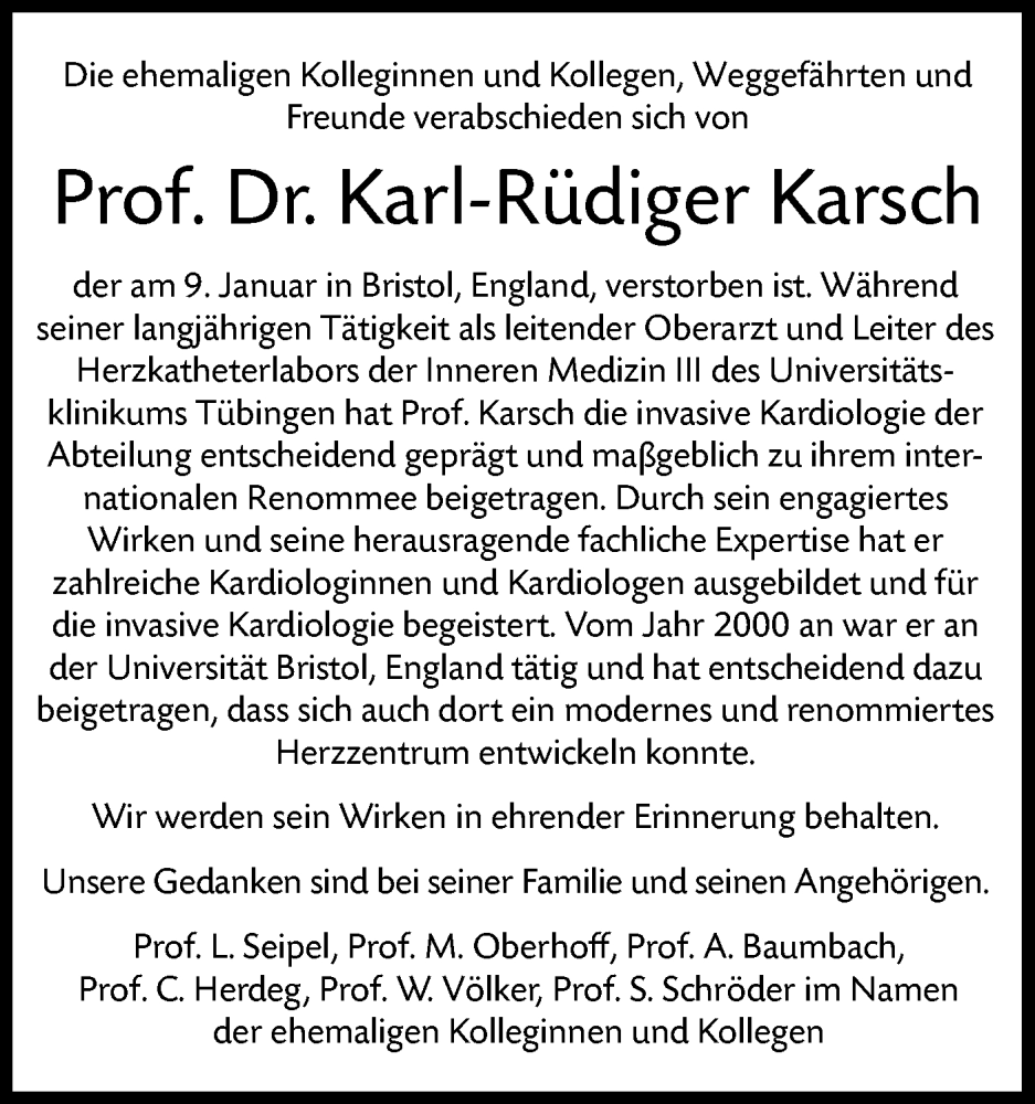  Traueranzeige für Karl-Rüdiger Karsch vom 17.01.2026 aus Schwäbische Tagblatt