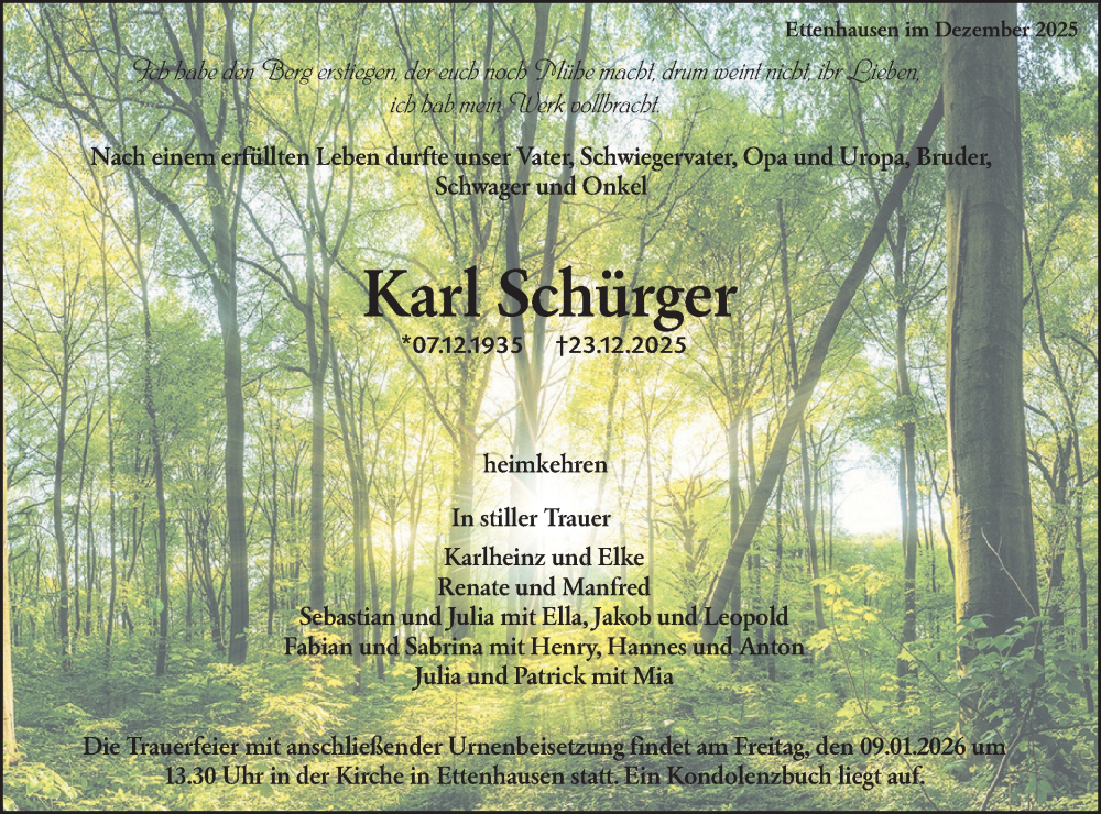  Traueranzeige für Karl Schürger vom 05.01.2026 aus Hohenloher Tagblatt