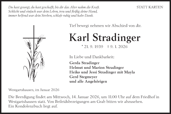 Traueranzeige von Karl Stradinger von Hohenloher Tagblatt