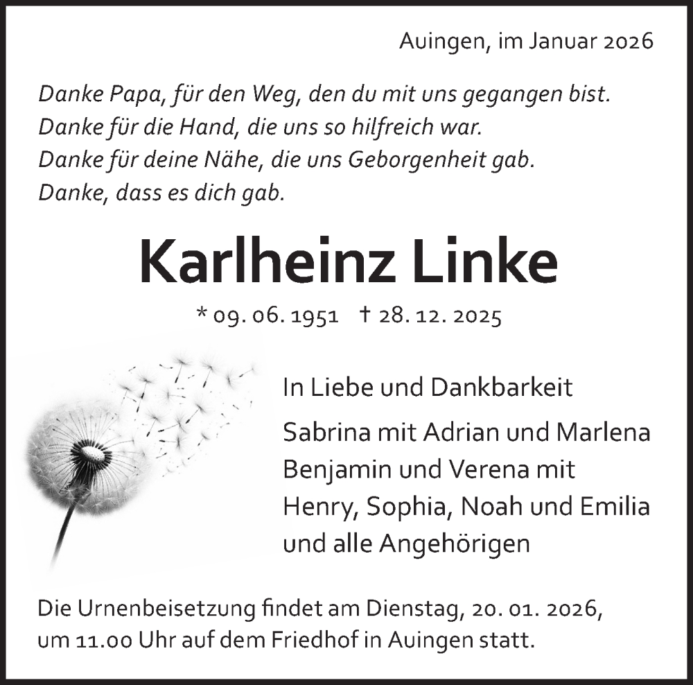  Traueranzeige für Karlheinz Linke vom 16.01.2026 aus Alb-Bote/Metzinger-Uracher Volksblatt