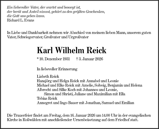 Traueranzeige von Karl Wilhelm Reick von NWZ Neue Württembergische Zeitung