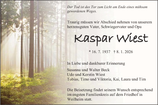 Traueranzeige von Kaspar Wiest von SÜDWEST PRESSE Zollernalbkreis/Hohenzollerische Zeitung