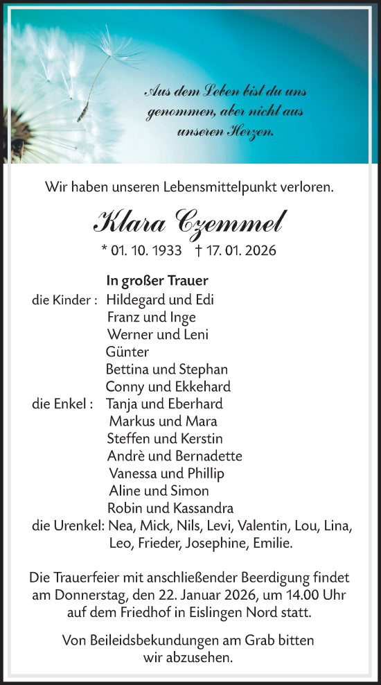 Traueranzeige von Klara Czemmel von NWZ Neue Württembergische Zeitung