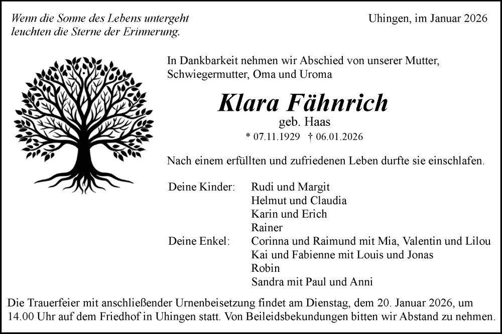  Traueranzeige für Klara Fähnrich vom 16.01.2026 aus NWZ Neue Württembergische Zeitung