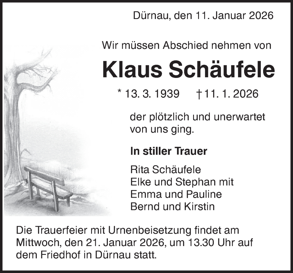  Traueranzeige für Klaus Schäufele vom 16.01.2026 aus NWZ Neue Württembergische Zeitung